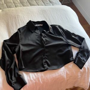 Worn once cropped Black Satin Button-Up Shirt